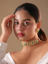 Aarzoo Emerald Polki Grid Choker Set (with Studs)
