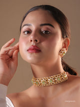 Aarzoo Emerald Polki Grid Choker Set (with Studs)