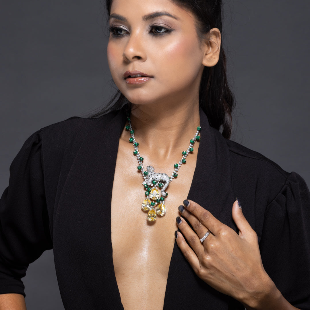 Panther necklace with crystal studs and citrine gemstone drops with green accents