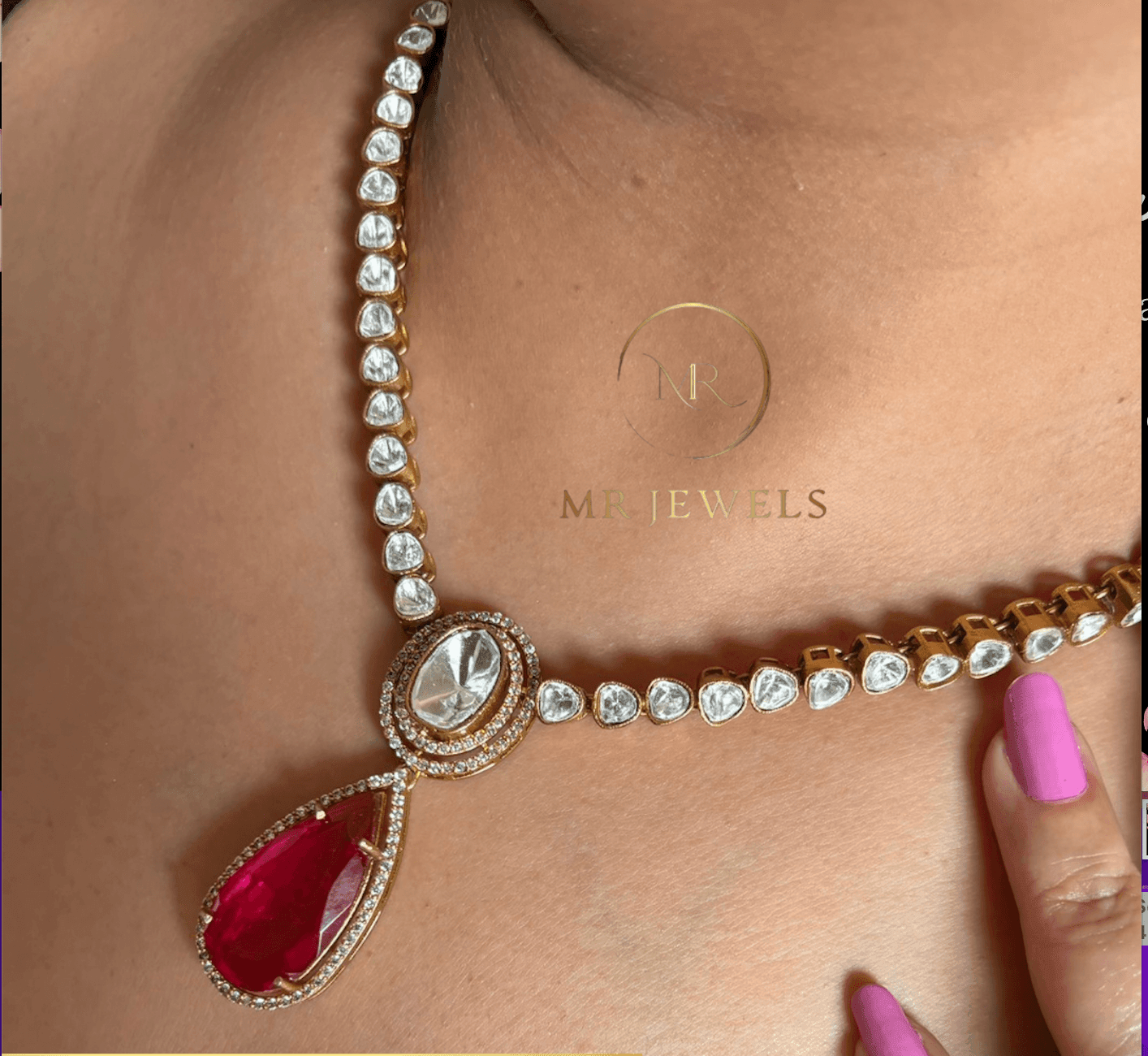 Premium Moissanite and Ruby Necklace with Earrings - MR Jewels