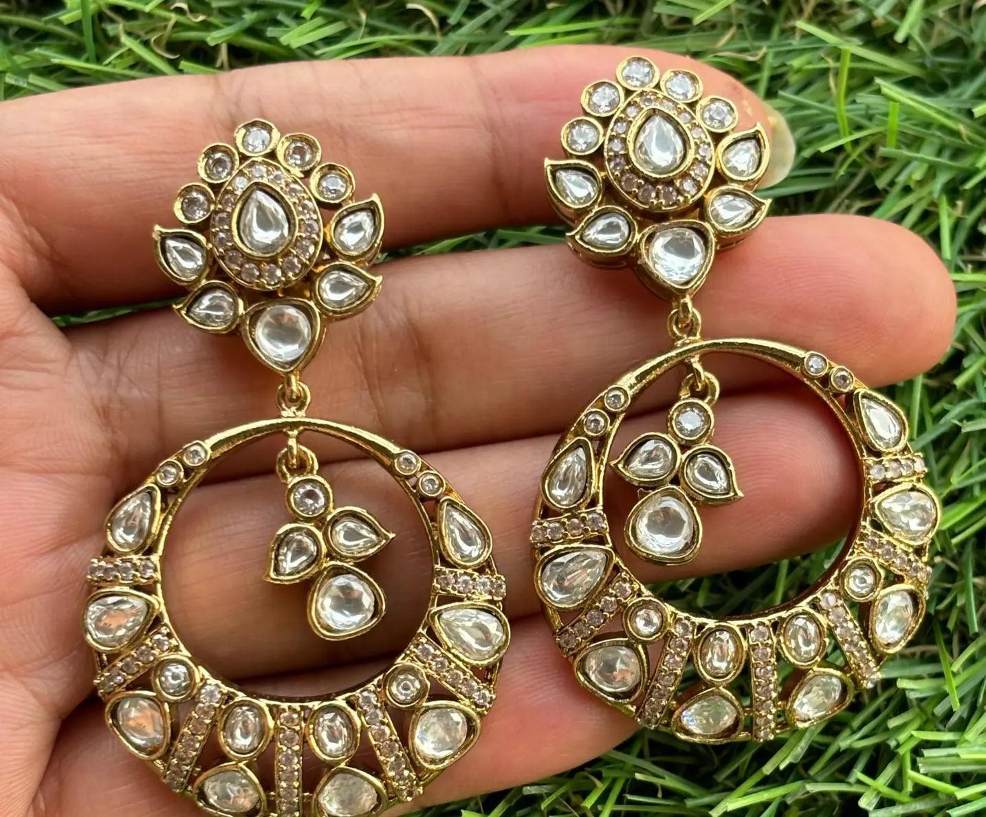 Gold Kundan Chandbali Earrings - MR Jewels