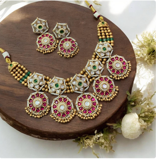 Intricate Kundan and Ruby Necklace Set - Perfect for Traditional Occasions