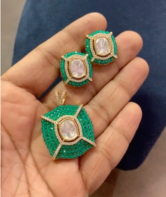 Elegant Green and Ruby  Gemstone Pendant and Earring Set with White Stones - A Perfect Blend of Luxury and Style