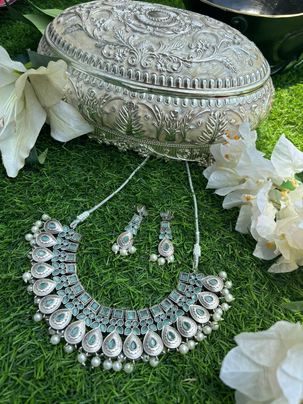 Beautiful Silver Oxidised Necklace with earrings - MR Jewels