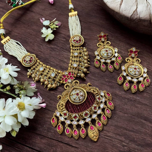 Exquisite Traditional Necklace Set with Intricate Design | Elegant Gold and Ruby Jewelry