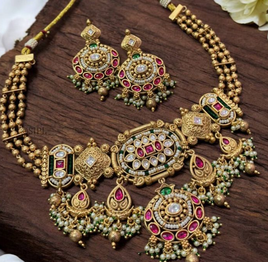 Stunning Antique Gold Necklace Set with Ruby and Emerald Accents