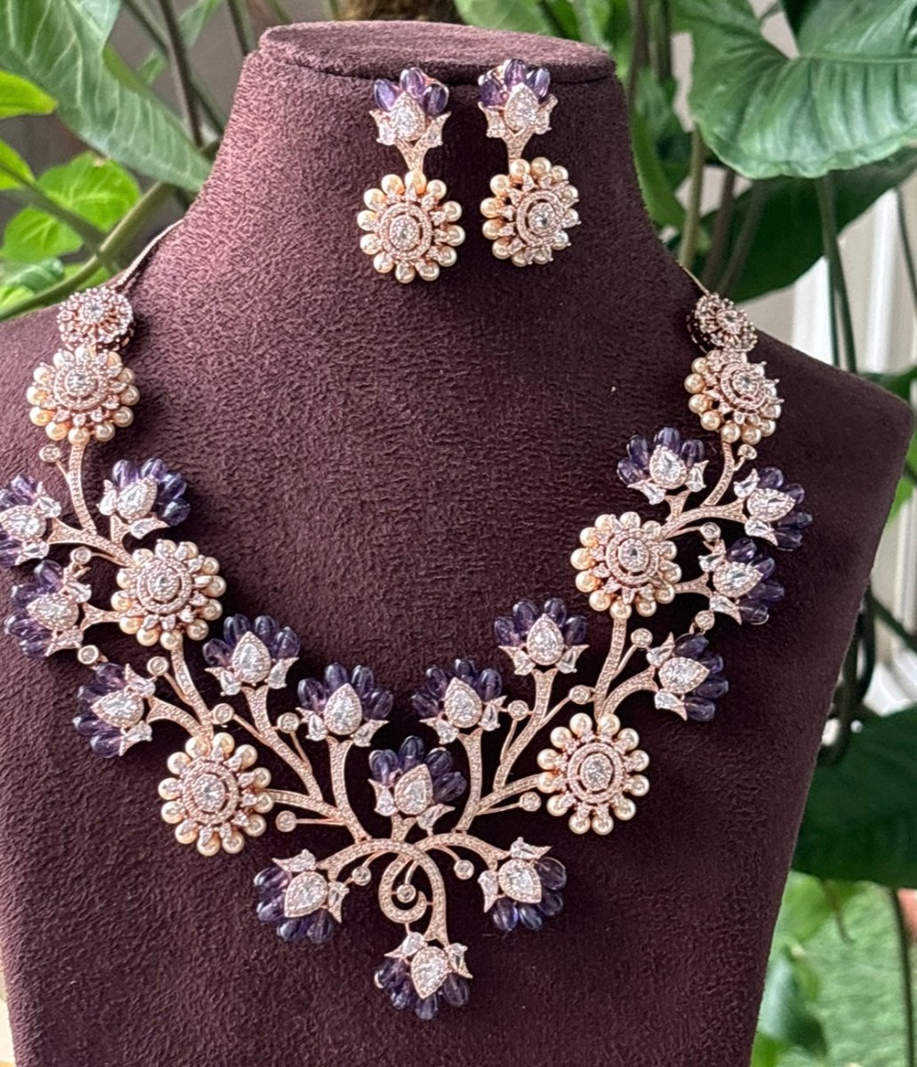 Amethyst Blossom Floral Necklace and Earring Set - MR Jewels