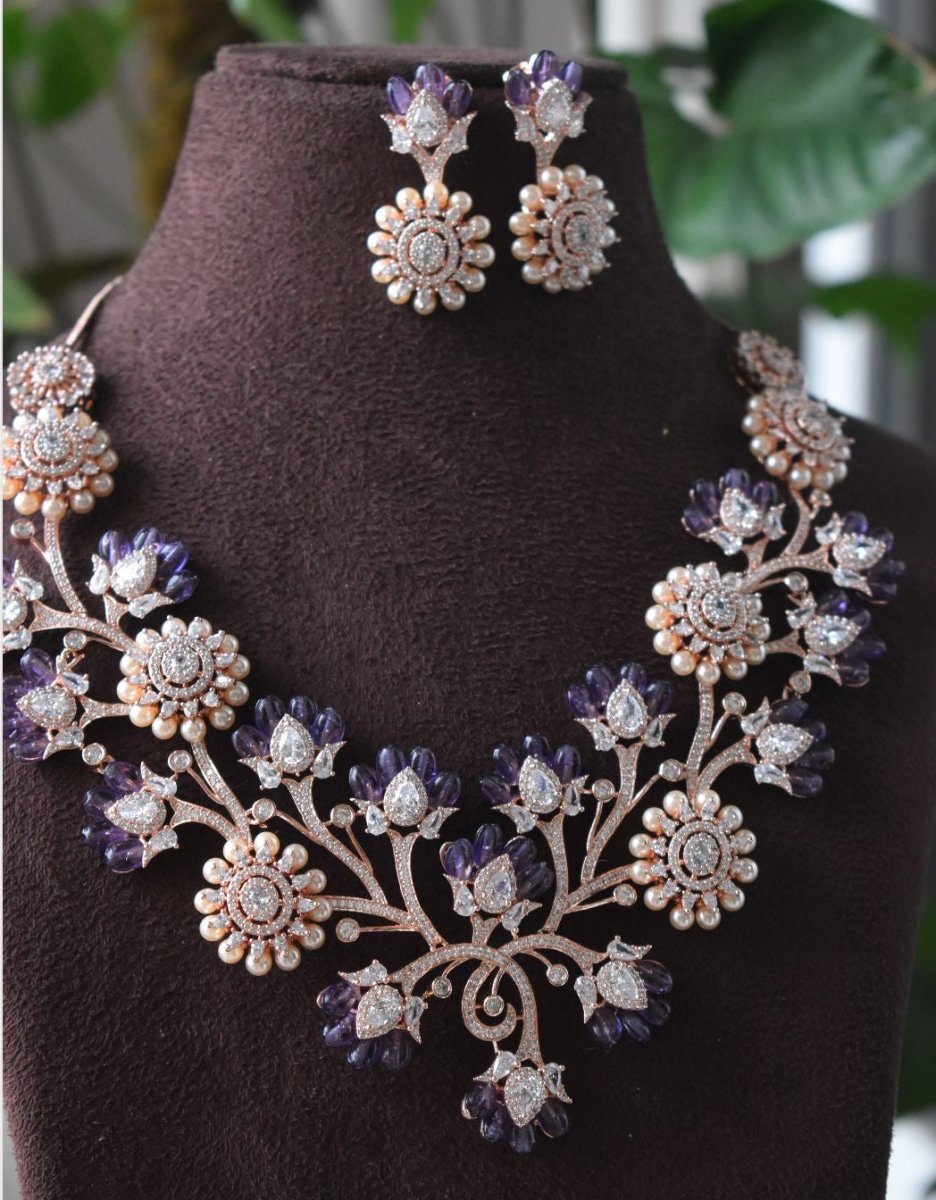 Amethyst Blossom Floral Necklace and Earring Set - MR Jewels