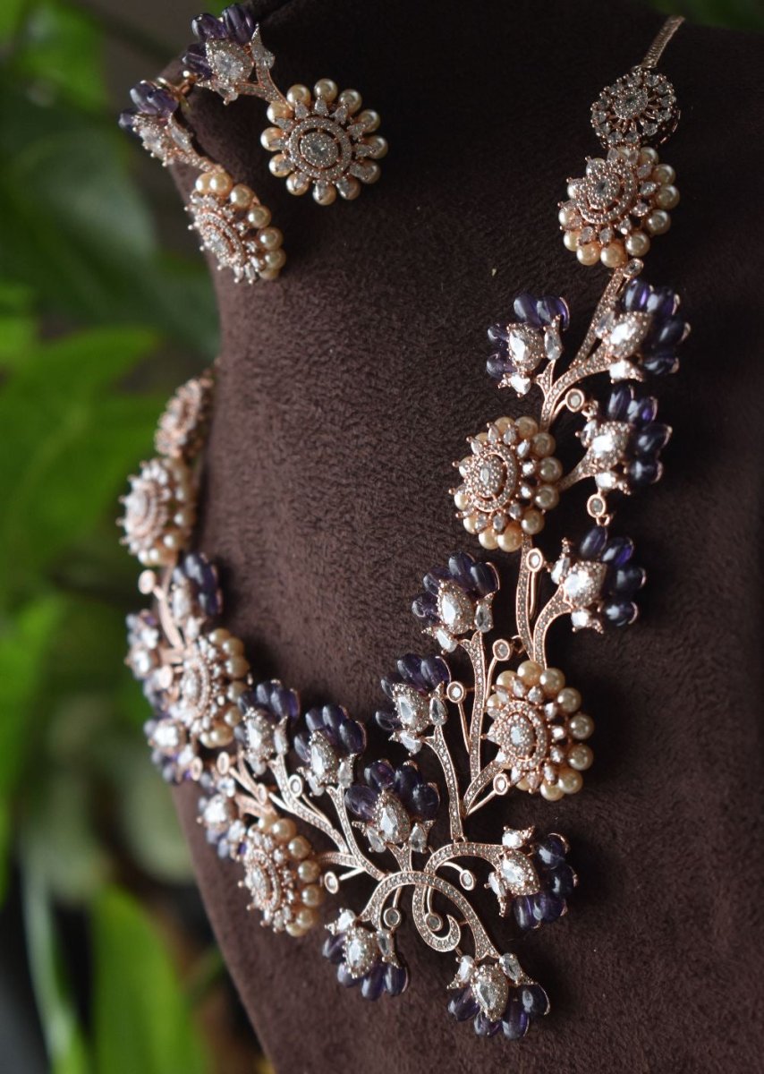 Amethyst Blossom Floral Necklace and Earring Set - MR Jewels