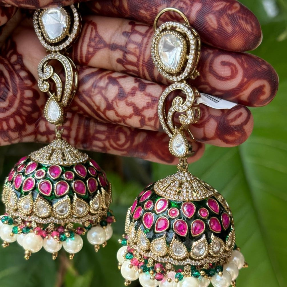 Anaya Kundan Ruby Pearl Jhumkas - MR Jewels