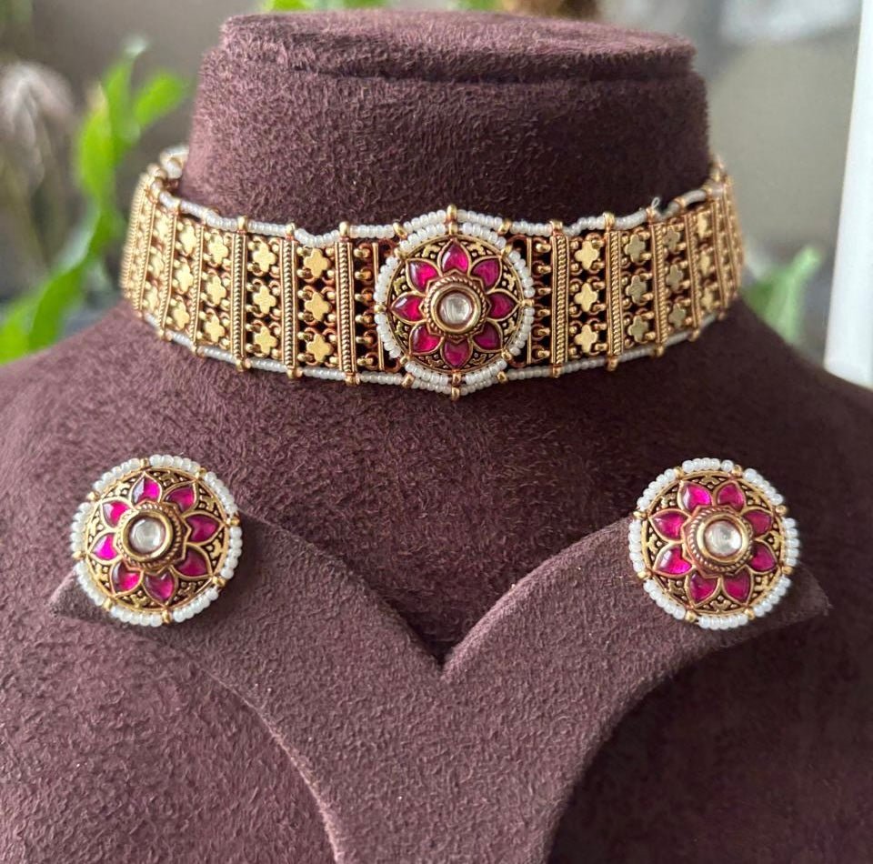 Antique Gold Chandanhaar Choker | Gold Band Choker | High Neck Choker Set | Antique Gold Choker | Indian Jewelry | Wedding Jewelry - MR Jewels