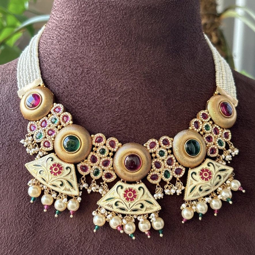 Antique Gold Plated Designer Rajwadi Necklace and Earring Set For - Women - MR Jewels