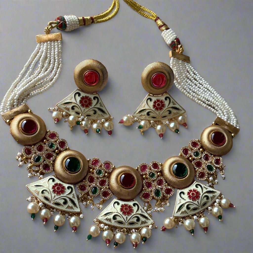 Antique Gold Plated Designer Rajwadi Necklace and Earring Set For - Women - MR Jewels