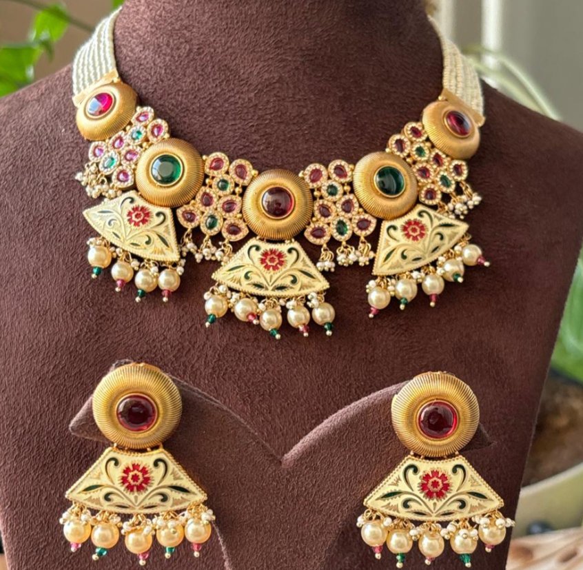 Antique Gold Plated Designer Rajwadi Necklace and Earring Set For - Women - MR Jewels