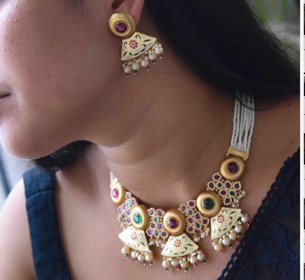 Antique Gold Plated Designer Rajwadi Necklace and Earring Set For - Women - MR Jewels