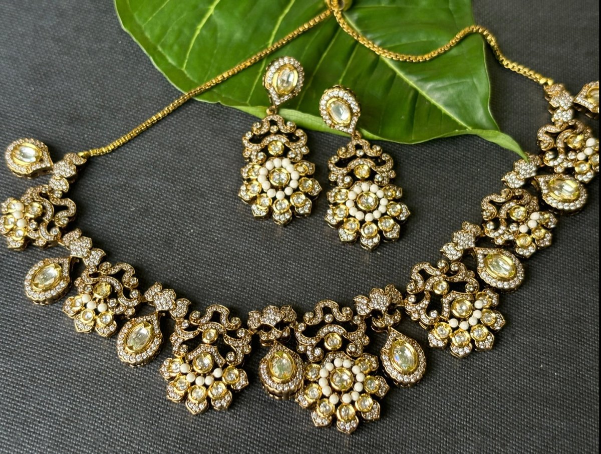 Antique Victorian - Plated Polki Necklace Set - MR Jewels