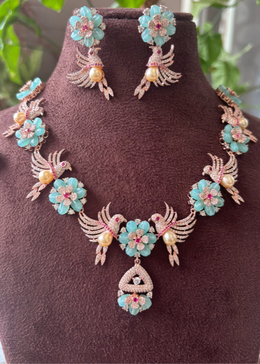 Aqua Bird Bloom Stone - Beaded Designer Necklace Set - MR Jewels