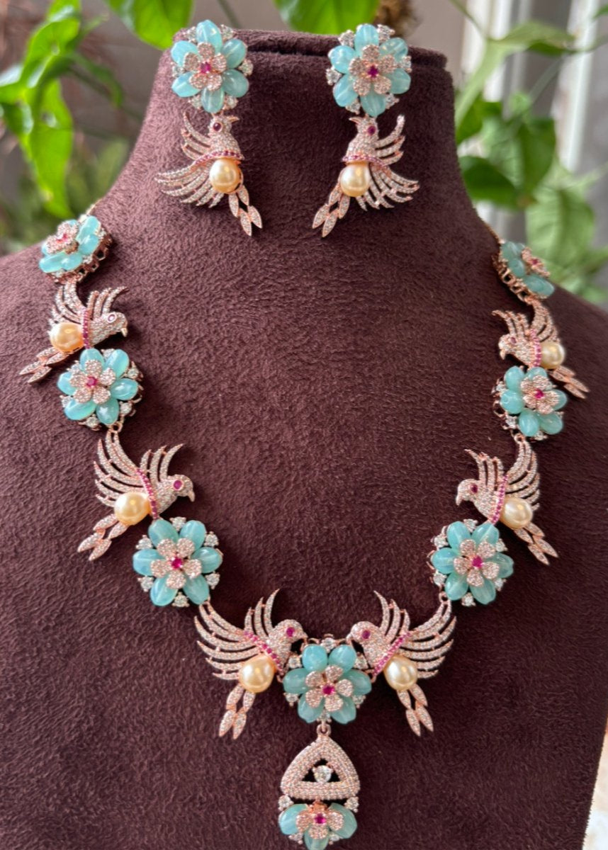 Aqua Bird Bloom Stone - Beaded Designer Necklace Set - MR Jewels