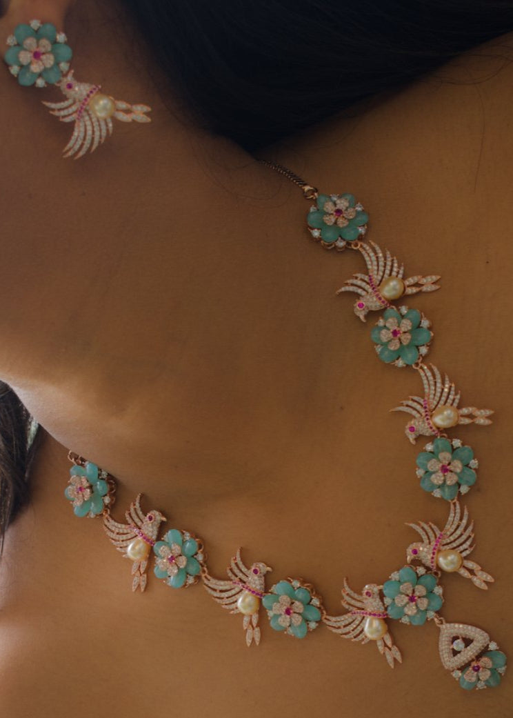 Aqua Bird Bloom Stone - Beaded Designer Necklace Set - MR Jewels
