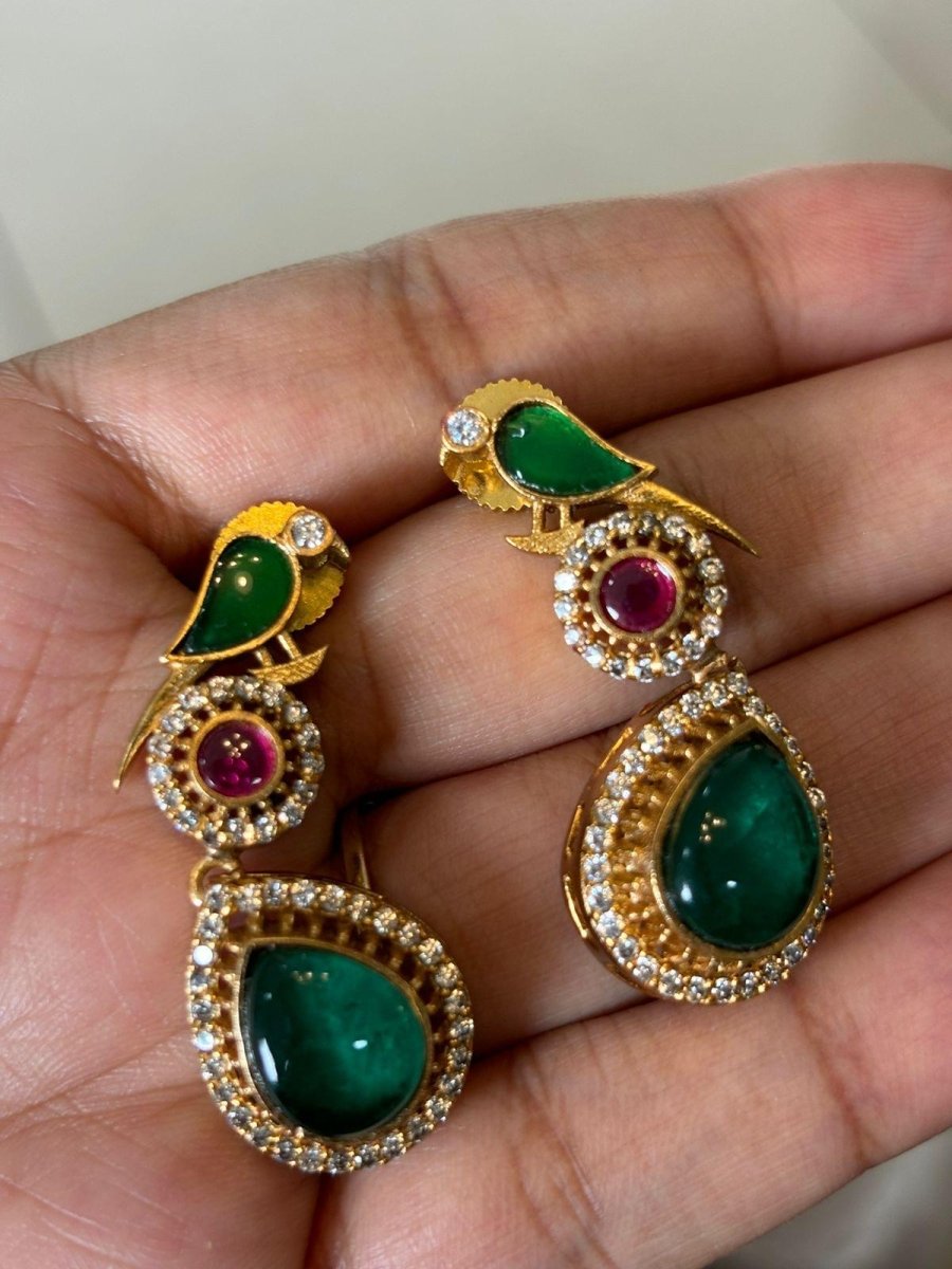 Bird Drop Earrings with Doublet and Kundan Stone - MR Jewels