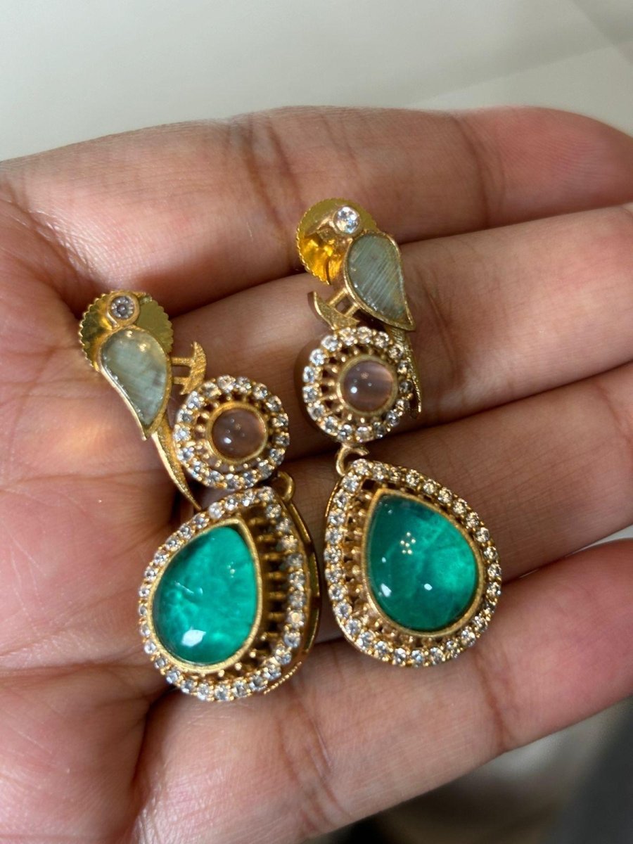 Bird Drop Earrings with Doublet and Kundan Stone - MR Jewels