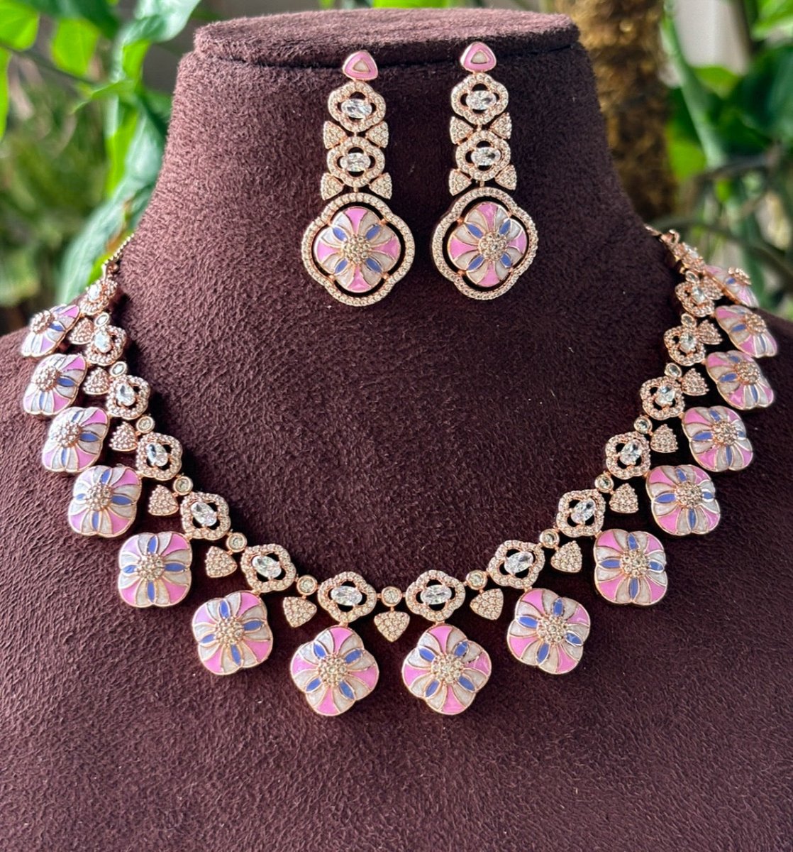 Blush Petals Meenakari Enamel Necklace Set - MR Jewels