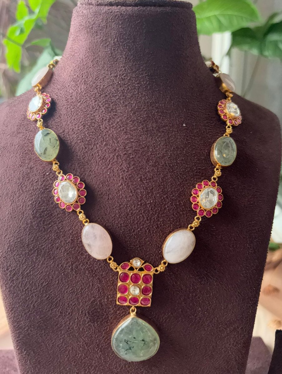 Cabachons natural stone and kemp kundan necklace set with matching earrings - MR Jewels