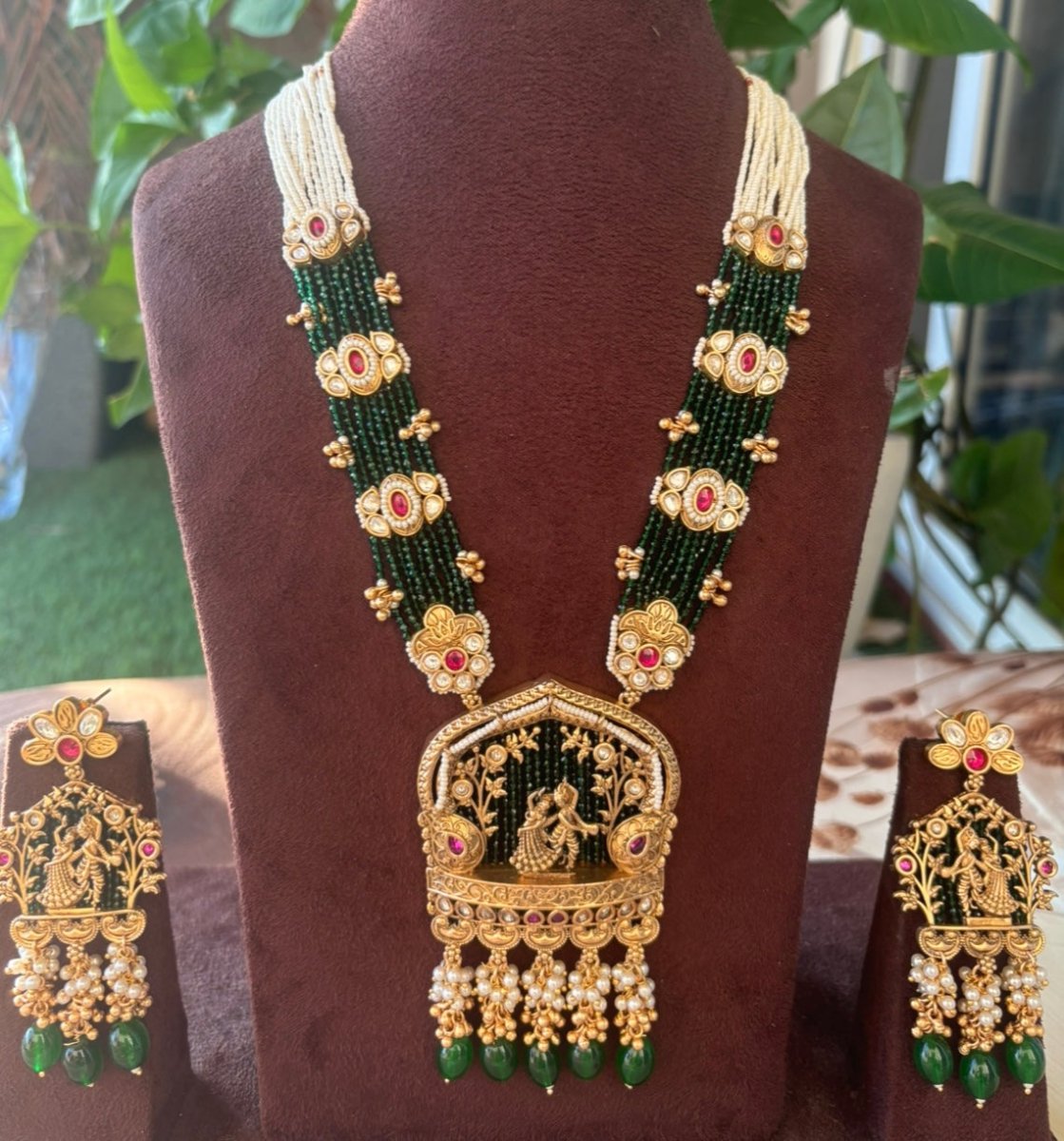 Dancing Radha Krishna Temple long Necklace Set with matching earrings - MR Jewels