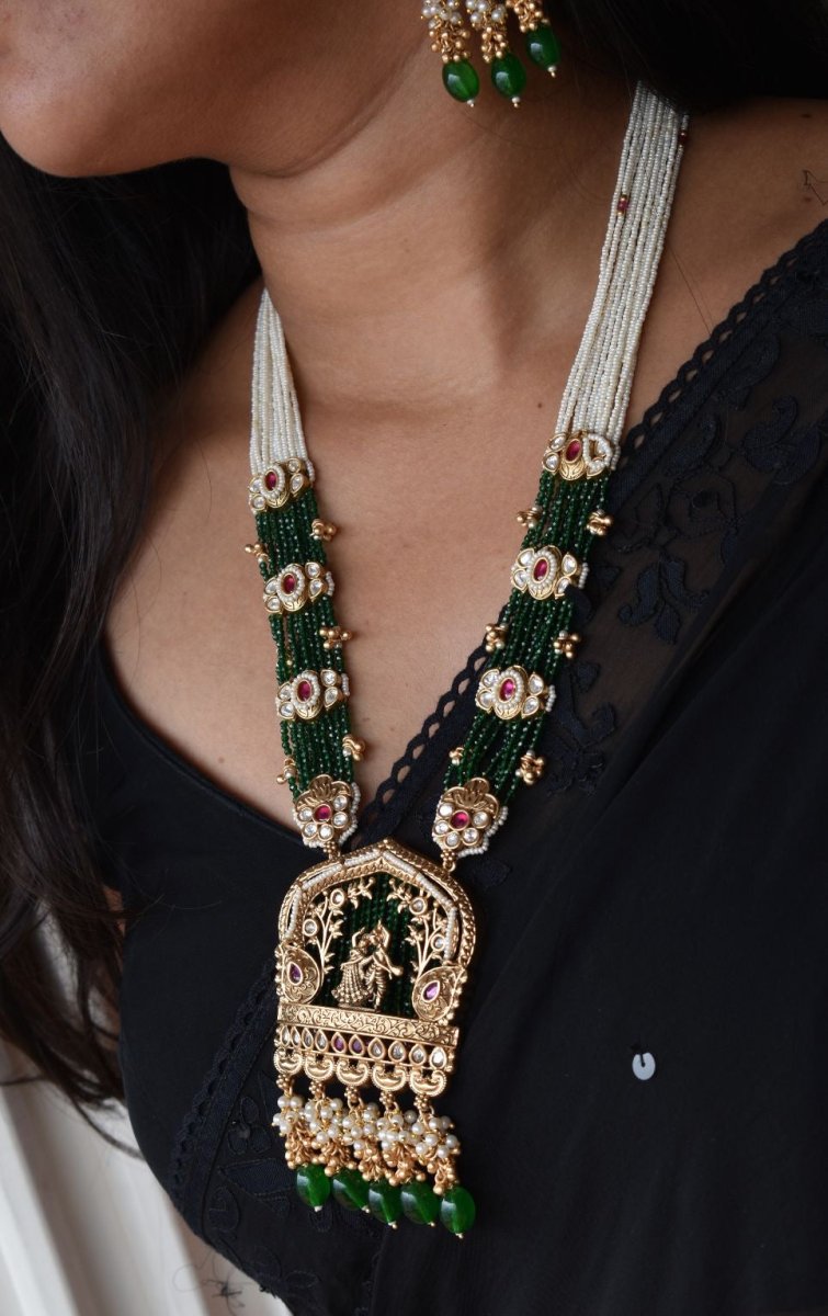 Dancing Radha Krishna Temple long Necklace Set with matching earrings - MR Jewels