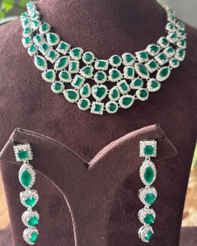 Designer Emerald Diamond Set - Micron Silver Plated - MR Jewels