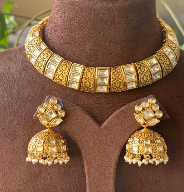 Designer Gold Plated Kundan Polki Necklace Set - MR Jewels