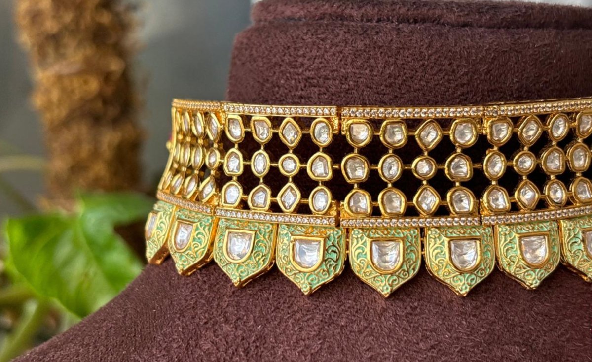 Designer Gold Plated Royal Kundan Necklace with Earrings - MR Jewels