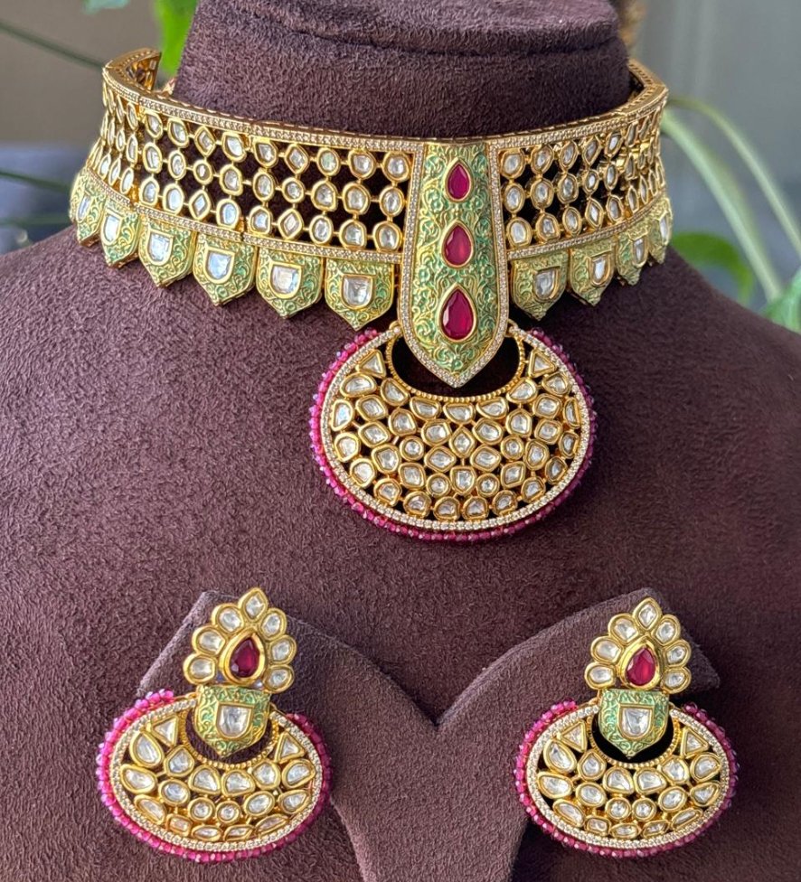 Designer Gold Plated Royal Kundan Necklace with Earrings - MR Jewels