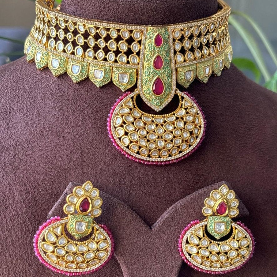 Designer Gold Plated Royal Kundan Necklace with Earrings - MR Jewels