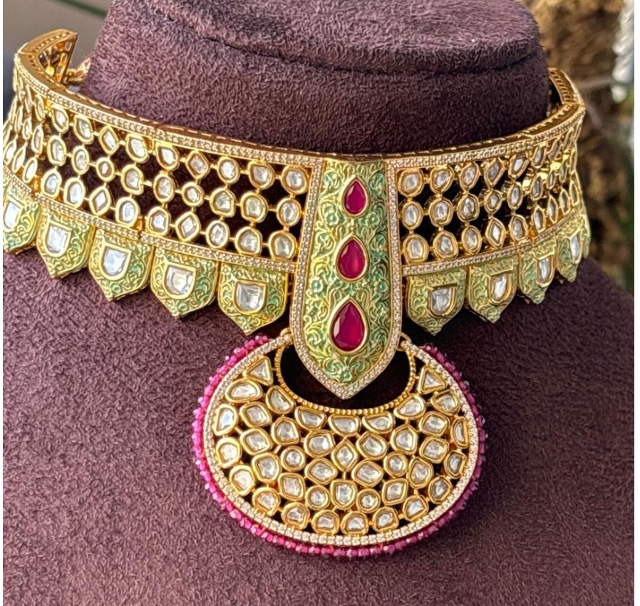 Designer Gold Plated Royal Kundan Necklace with Earrings - MR Jewels