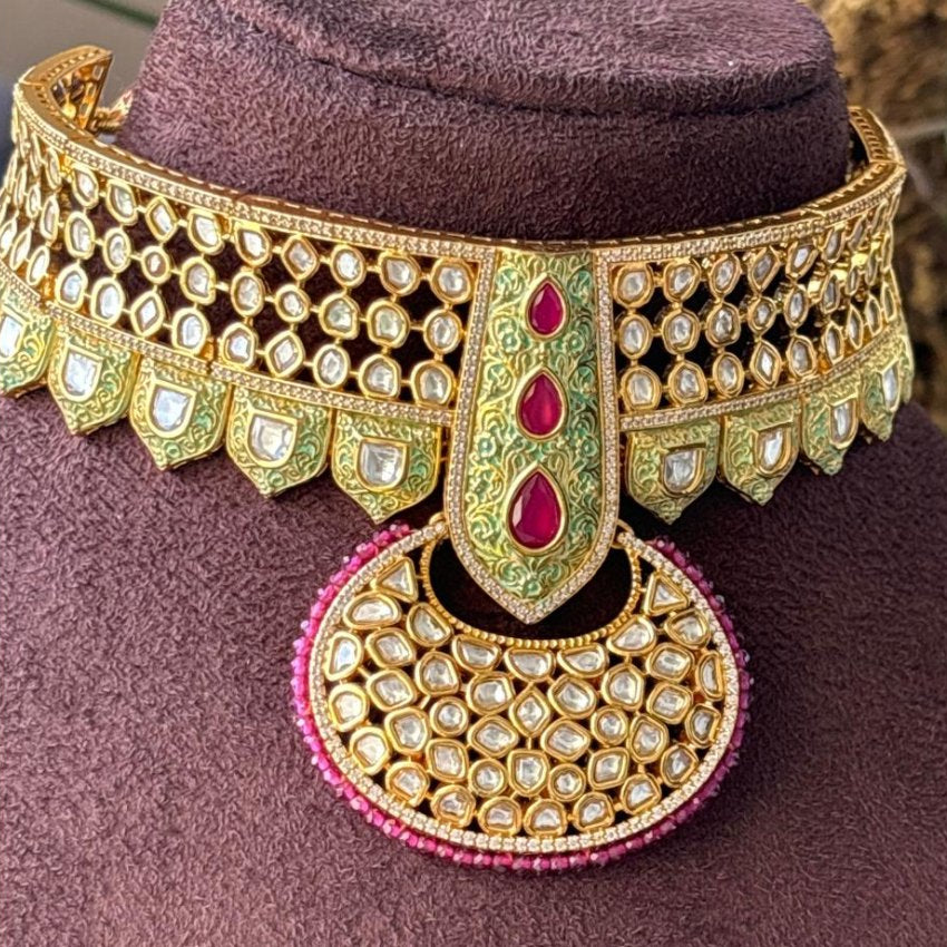 Designer Gold Plated Royal Kundan Necklace with Earrings - MR Jewels