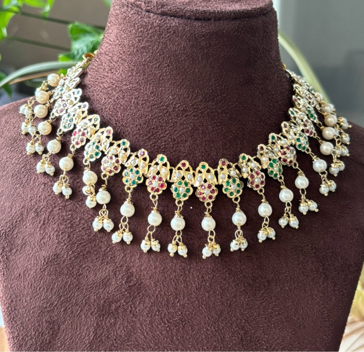 Designer Jadau Kundan Necklace with matching earrings - MR Jewels