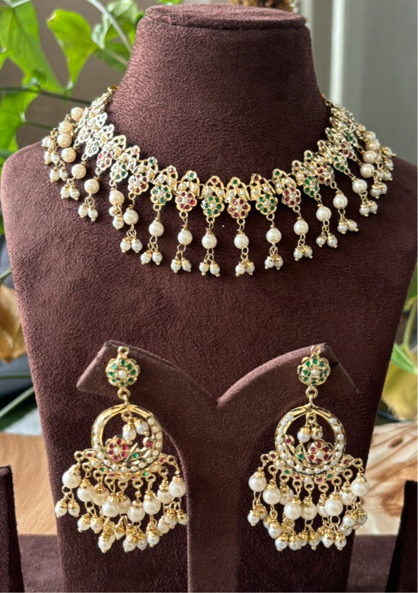 Designer Jadau Kundan Necklace with matching earrings - MR Jewels