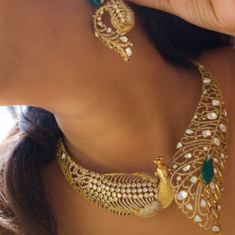 Designer Peacock Statement Hasli with designer earrings - MR Jewels