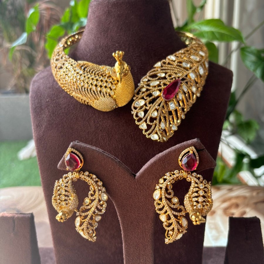 Designer Peacock Statement Hasli with designer earrings - MR Jewels