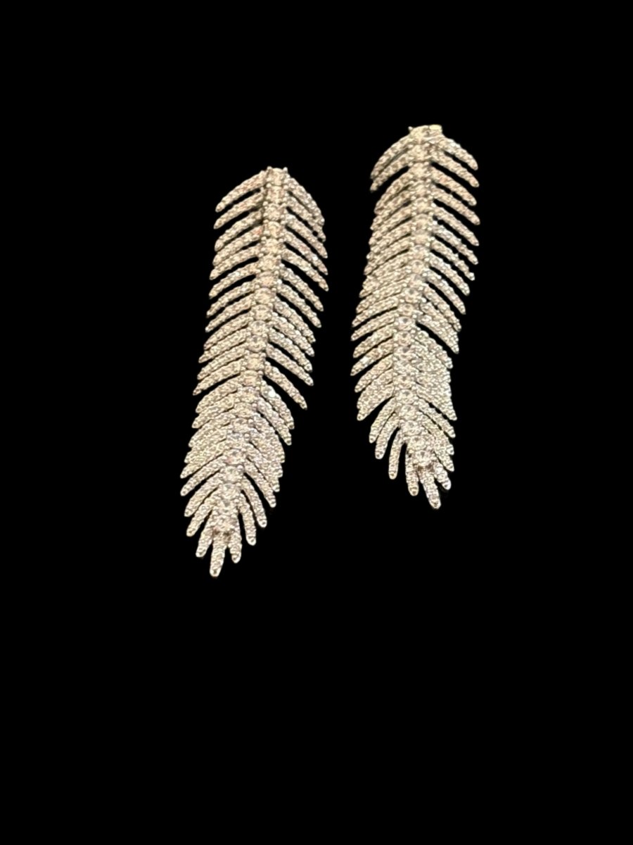 Diamond Feather Earrings - Rhodium Plated - MR Jewels