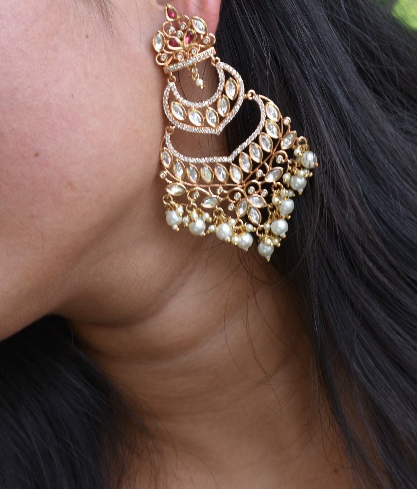 Divya Kundan Pearl Chaandbali Earrings - MR Jewels