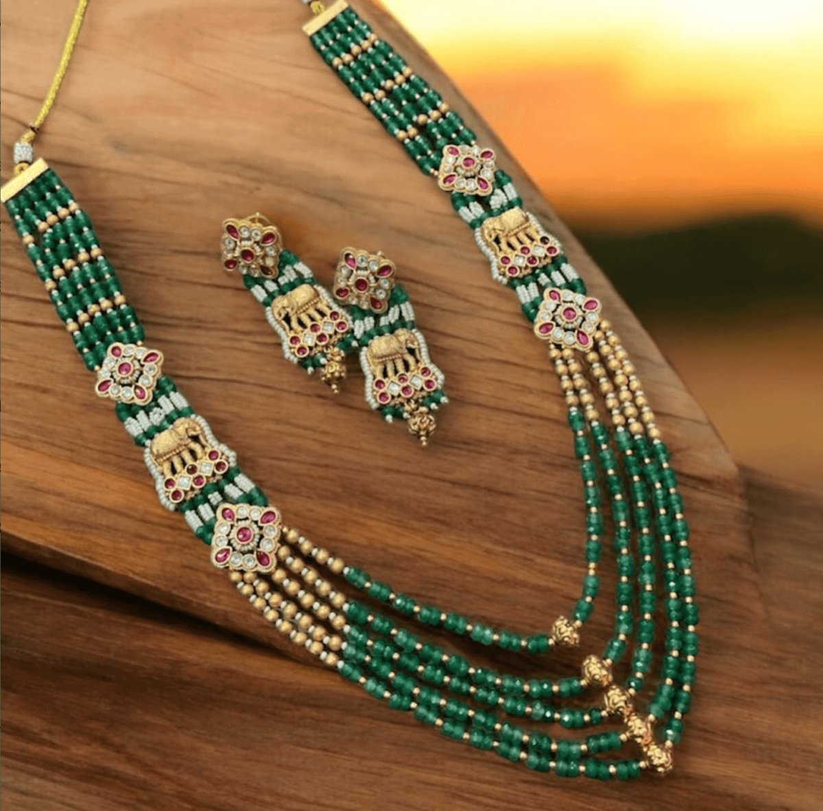 Elegant Green Beaded Elephant Necklace and Earrings Set - Traditional Charm - MR Jewels