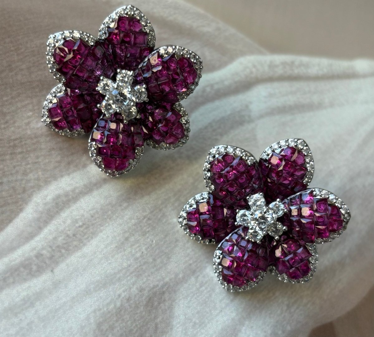 Elegant Pink Ruby and Blue Stone Floral Earrings - MR Jewels