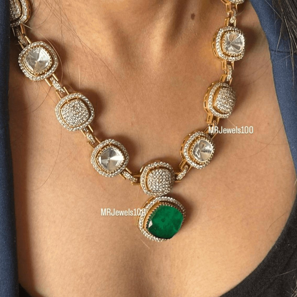 Emerald and American Diamond Necklace - MR Jewels