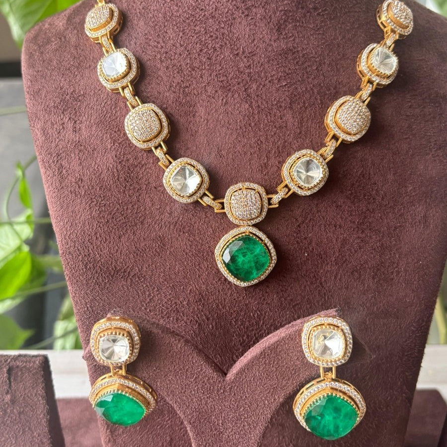 Emerald and American Diamond Necklace - MR Jewels