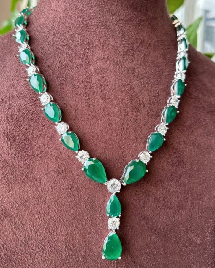 Emerald Diamond Necklace Set - Rhodium Plated - MR Jewels