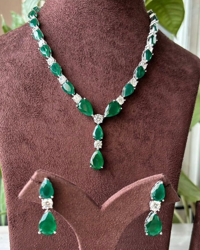 Emerald Diamond Necklace Set - Rhodium Plated - MR Jewels