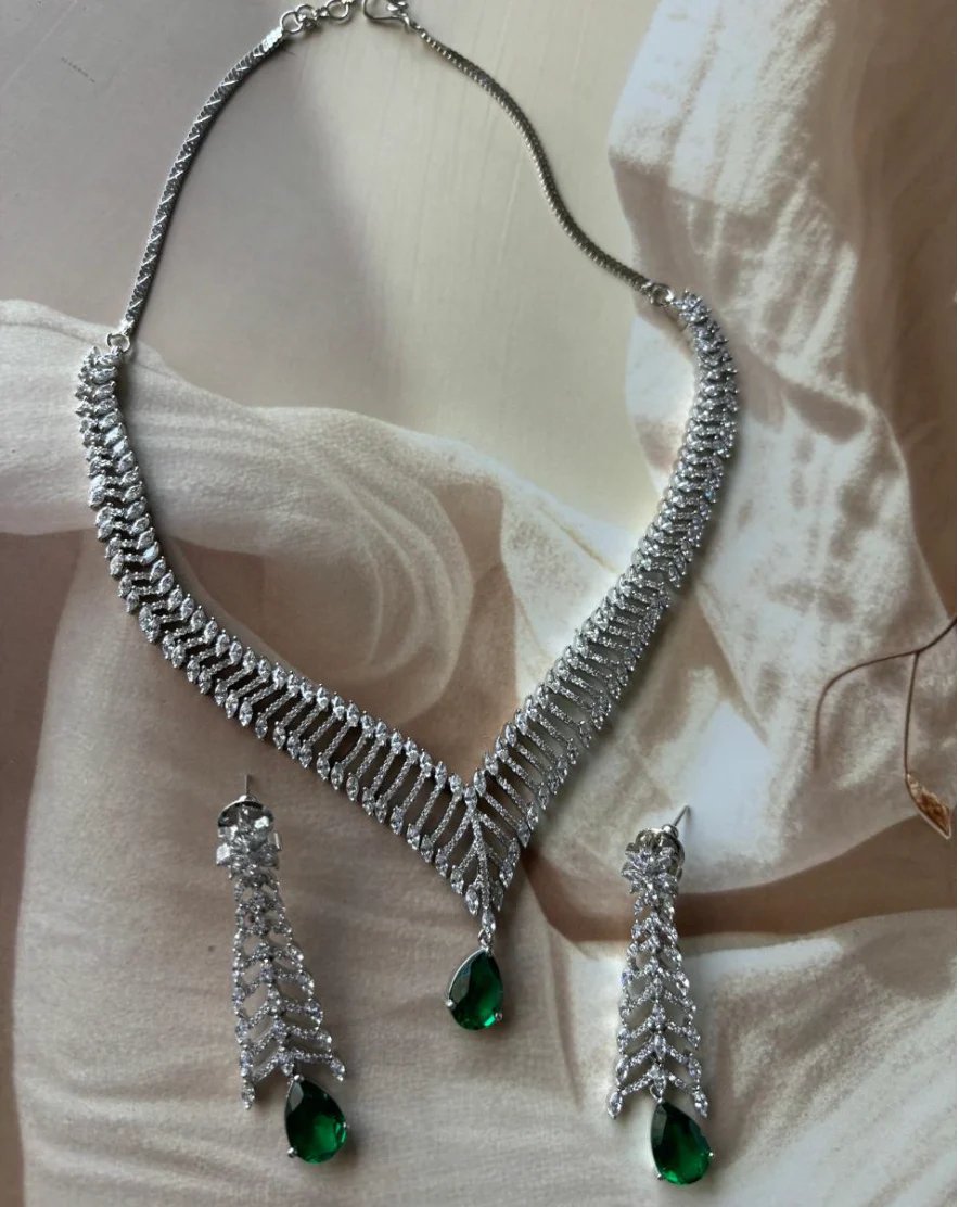 Emerald Drop Diamond necklace set with long earrings - Rhodium Plated - MR Jewels