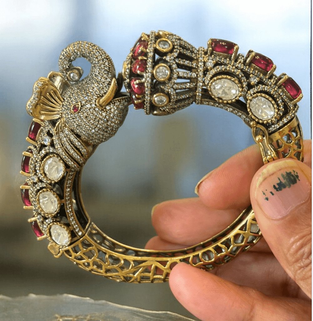 Emerald Green Ruby Kundan Elephant Kada - MR Jewels